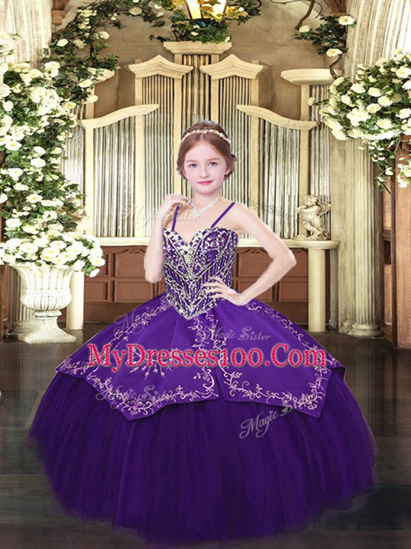 Satin and Organza Spaghetti Straps Sleeveless Lace Up Beading and Embroidery Kids Formal Wear in Dark Purple