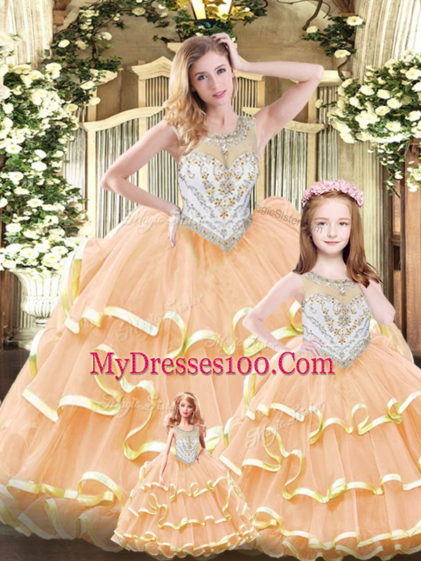 Enchanting Peach Tulle Lace Up Quinceanera Gown Sleeveless Floor Length Beading and Ruffles
