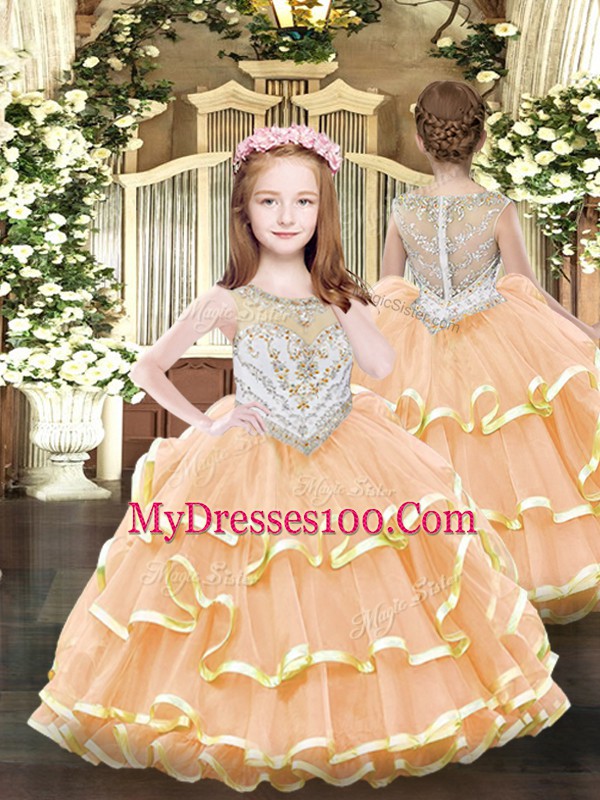 Enchanting Peach Tulle Lace Up Quinceanera Gown Sleeveless Floor Length Beading and Ruffles
