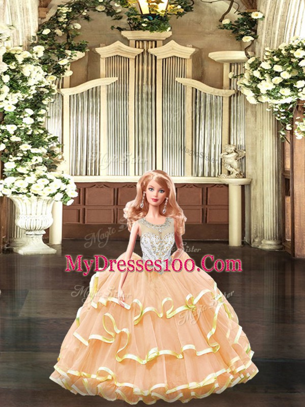 Enchanting Peach Tulle Lace Up Quinceanera Gown Sleeveless Floor Length Beading and Ruffles