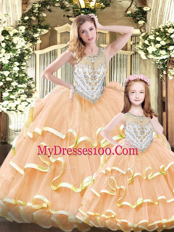 Enchanting Peach Tulle Lace Up Quinceanera Gown Sleeveless Floor Length Beading and Ruffles