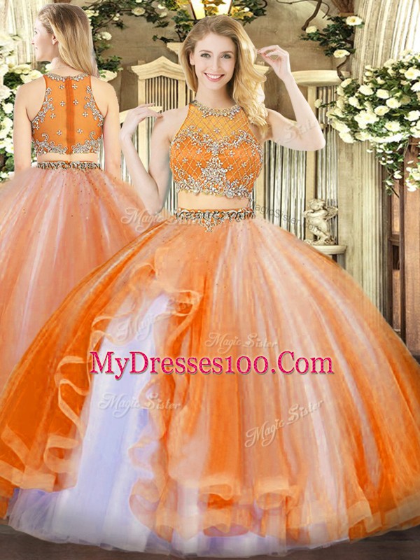 Stylish Orange Red Organza Zipper Scoop Sleeveless Floor Length Ball Gown Prom Dress Beading and Ruffles