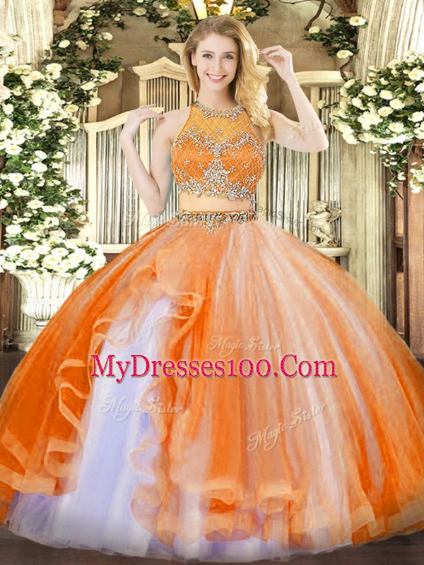Stylish Orange Red Organza Zipper Scoop Sleeveless Floor Length Ball Gown Prom Dress Beading and Ruffles