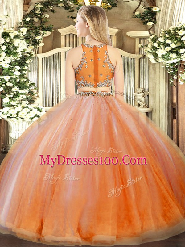 Stylish Orange Red Organza Zipper Scoop Sleeveless Floor Length Ball Gown Prom Dress Beading and Ruffles