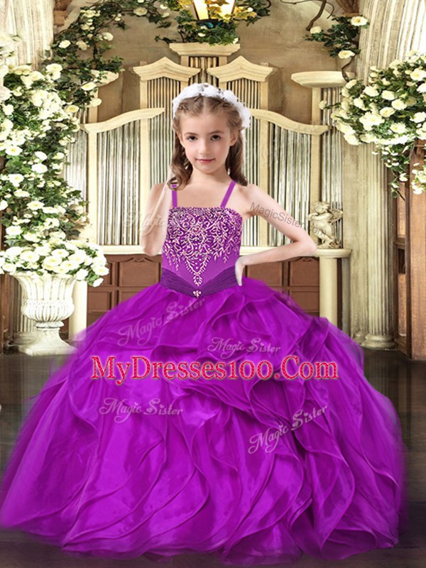 High Quality Straps Sleeveless Organza Little Girl Pageant Gowns Beading and Ruffles Lace Up