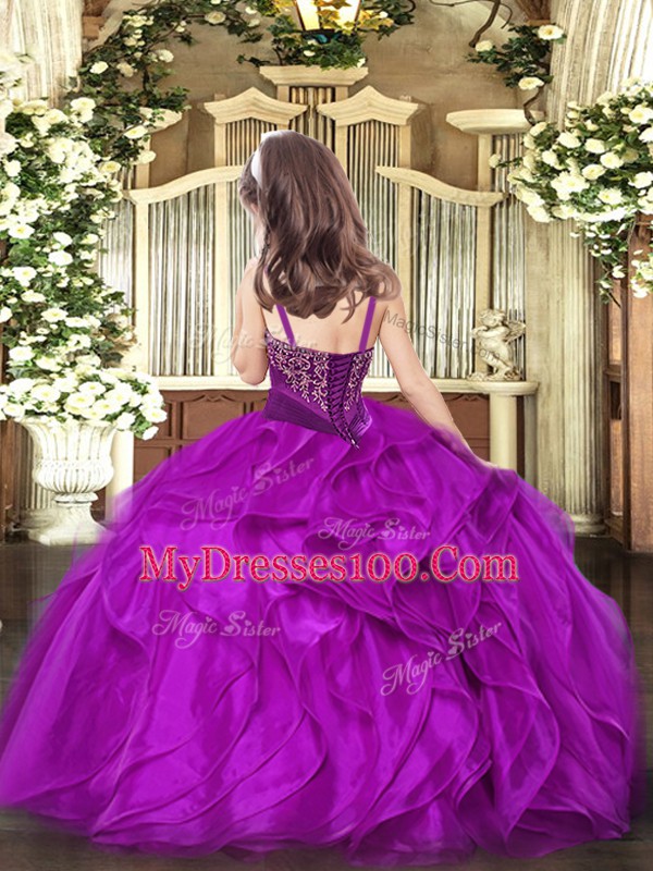 High Quality Straps Sleeveless Organza Little Girl Pageant Gowns Beading and Ruffles Lace Up