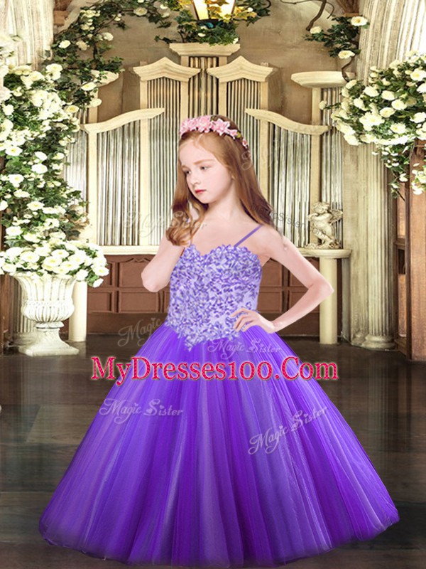 Super Sleeveless Tulle Floor Length Lace Up Girls Pageant Dresses in Lavender with Appliques