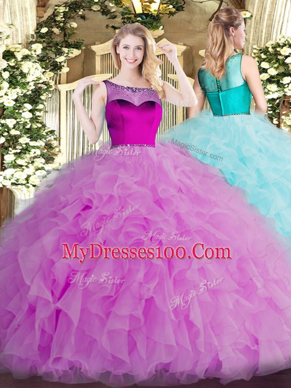 Ball Gowns Quinceanera Dresses Lilac Scoop Organza Sleeveless Floor Length Zipper