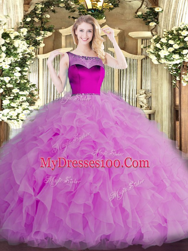Ball Gowns Quinceanera Dresses Lilac Scoop Organza Sleeveless Floor Length Zipper