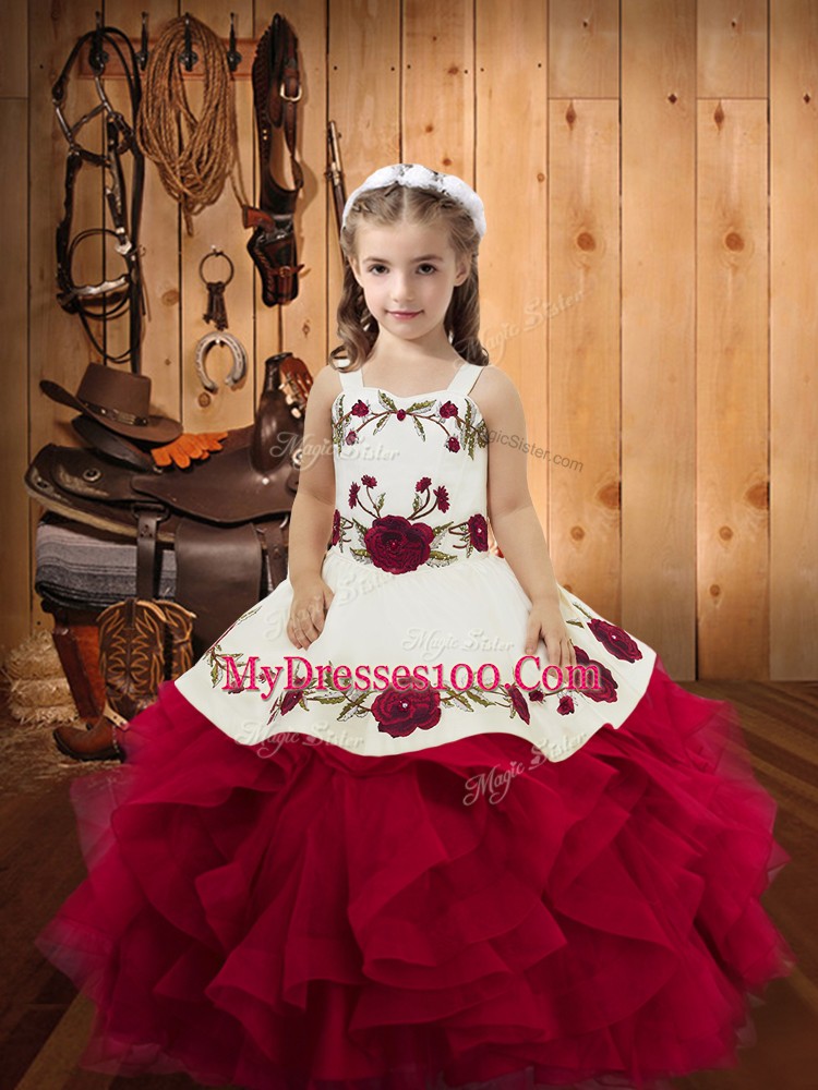 Fuchsia Tulle Lace Up Straps Sleeveless Floor Length Girls Pageant Dresses Embroidery and Ruffles
