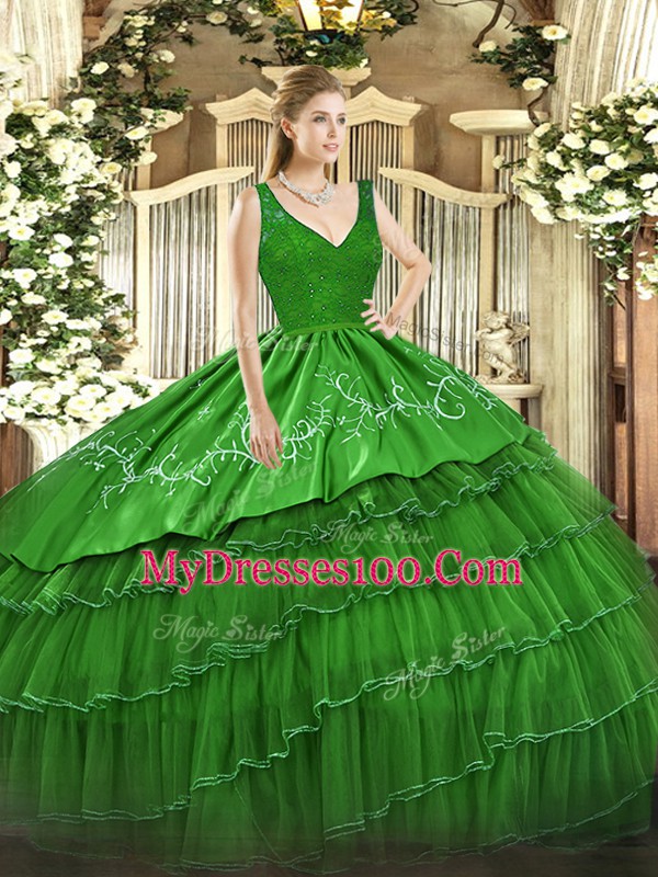 Green Backless V-neck Beading and Lace and Embroidery and Ruffled Layers Quinceanera Dress Organza and Taffeta Sleeveless