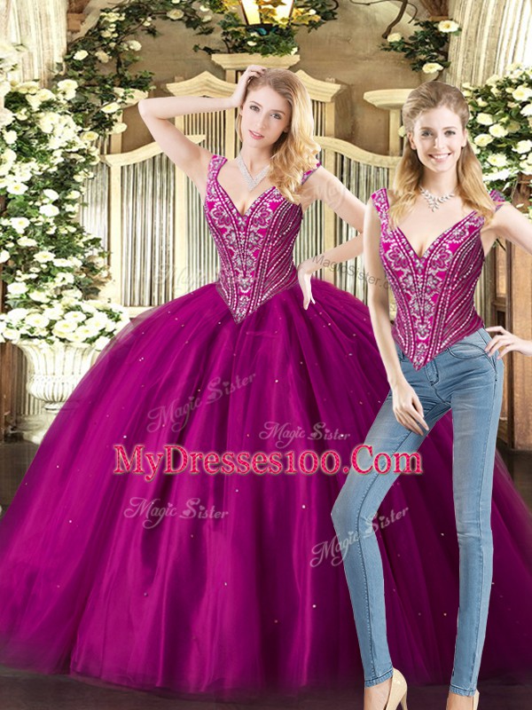 Sleeveless Floor Length Beading Lace Up Quinceanera Dresses with Fuchsia
