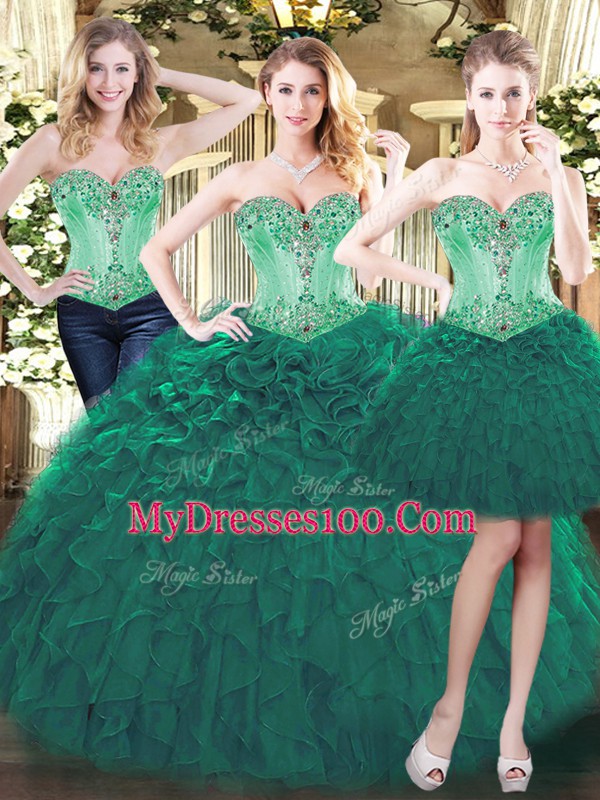 Floor Length Green Vestidos de Quinceanera Organza Sleeveless Beading and Ruffles