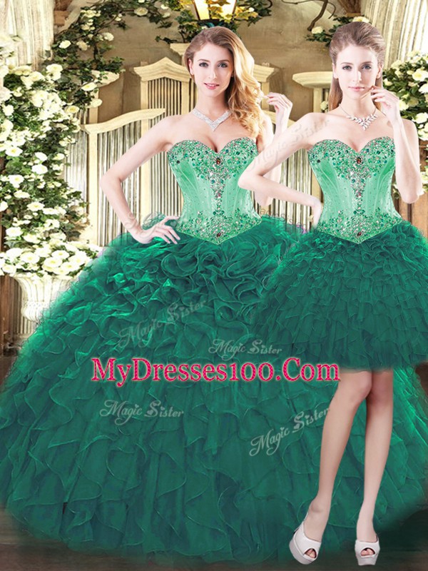 Floor Length Green Vestidos de Quinceanera Organza Sleeveless Beading and Ruffles