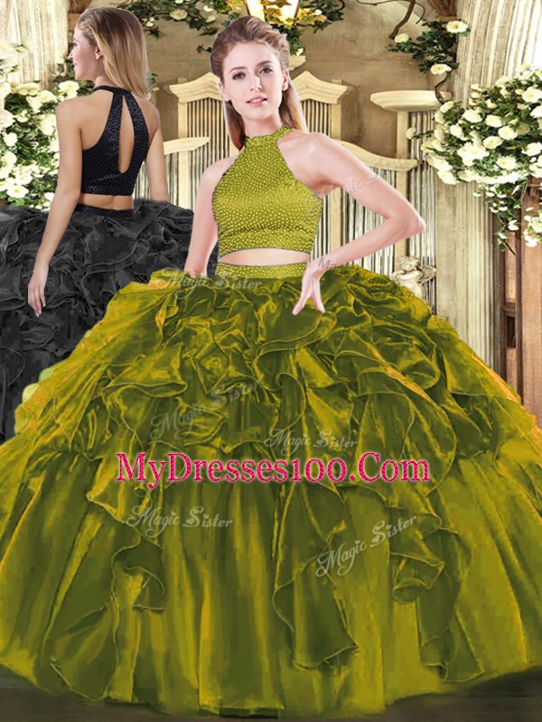 Graceful Halter Top Sleeveless Organza Sweet 16 Quinceanera Dress Beading and Ruffles Backless