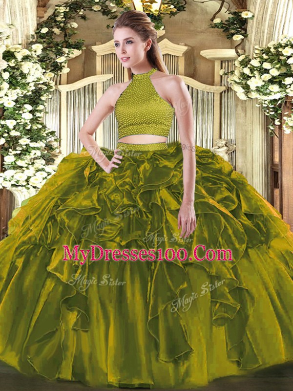 Graceful Halter Top Sleeveless Organza Sweet 16 Quinceanera Dress Beading and Ruffles Backless