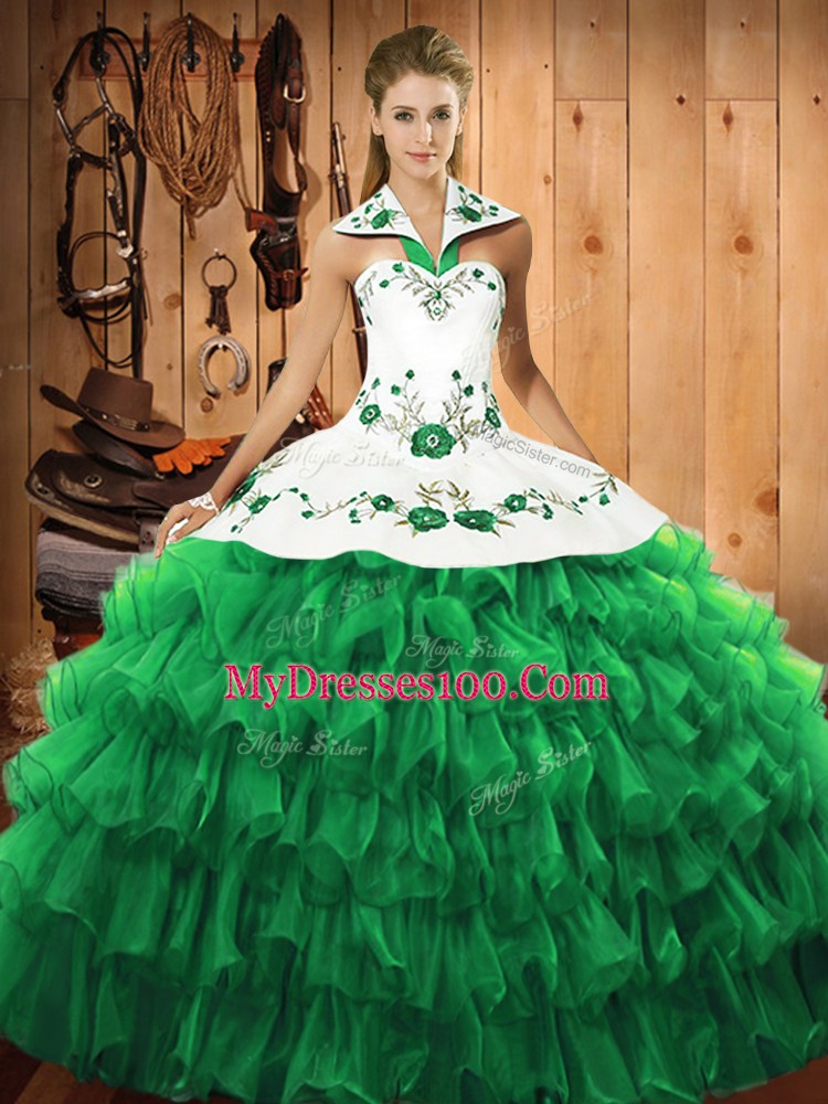 Halter Top Long Sleeves Satin and Organza Quince Ball Gowns Embroidery and Ruffled Layers Lace Up