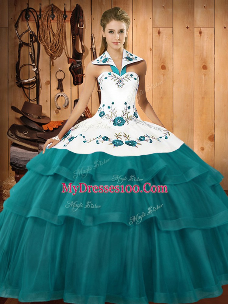 Lace Up Quinceanera Dresses Teal for Military Ball and Sweet 16 and Quinceanera with Embroidery and Ruffled Layers Sweep Train