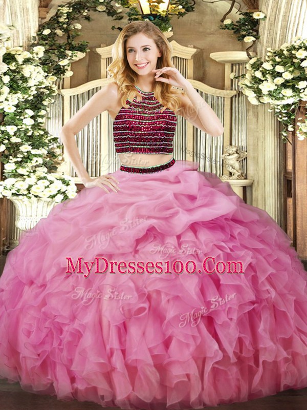 Rose Pink Quinceanera Dress Military Ball and Sweet 16 and Quinceanera with Beading and Ruffles Halter Top Sleeveless Zipper
