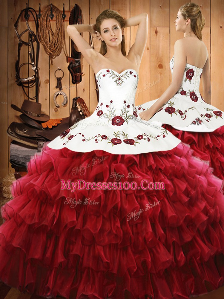 Glamorous Floor Length Lace Up Quinceanera Dresses Wine Red for Military Ball and Sweet 16 and Quinceanera with Embroidery and Ruffled Layers