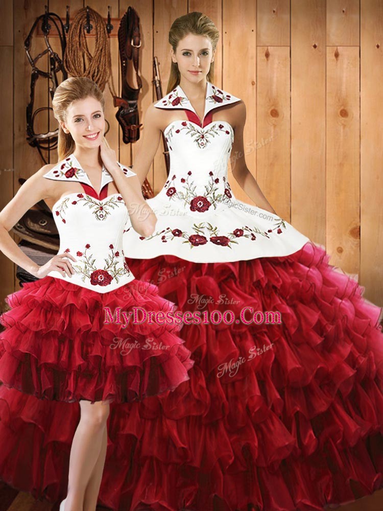 Glamorous Floor Length Lace Up Quinceanera Dresses Wine Red for Military Ball and Sweet 16 and Quinceanera with Embroidery and Ruffled Layers