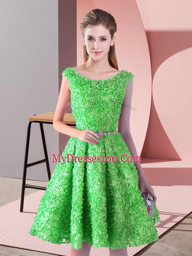 Knee Length Lace Up Prom Evening Gown Green for Prom and Party with Belt