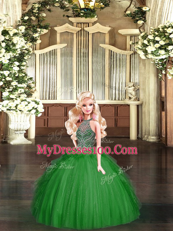 Green Ball Gowns Beading and Ruffles Quinceanera Dresses Lace Up Tulle Sleeveless Floor Length