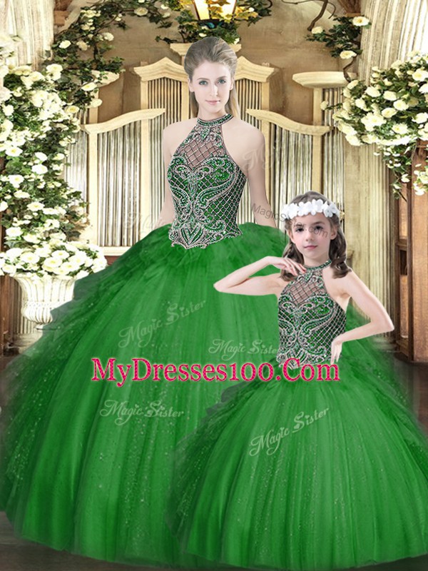 Green Ball Gowns Beading and Ruffles Quinceanera Dresses Lace Up Tulle Sleeveless Floor Length