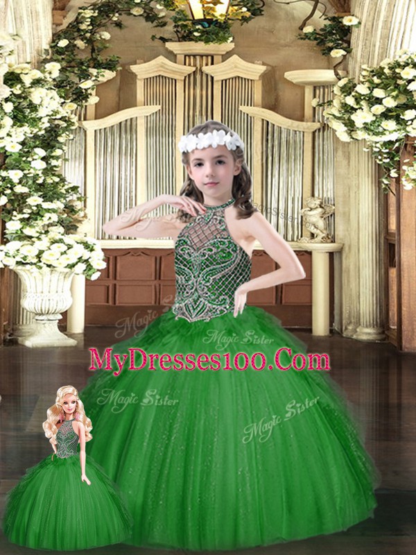 Green Ball Gowns Beading and Ruffles Quinceanera Dresses Lace Up Tulle Sleeveless Floor Length