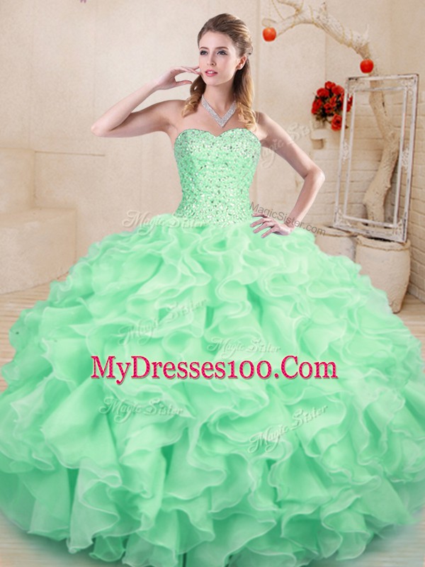 Enchanting Apple Green Sweetheart Neckline Beading and Ruffles Quinceanera Dress Sleeveless Lace Up