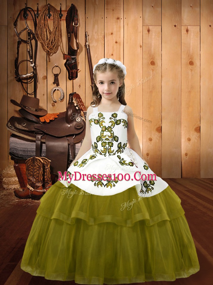 Charming Olive Green Sleeveless Tulle Lace Up Girls Pageant Dresses for Sweet 16 and Quinceanera