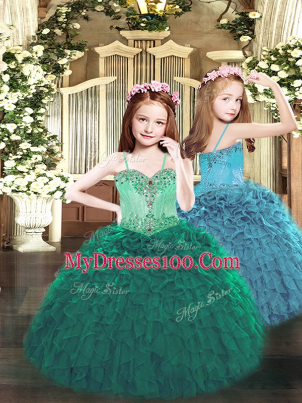 Floor Length Dark Green Little Girl Pageant Gowns Organza Sleeveless Beading and Ruffles