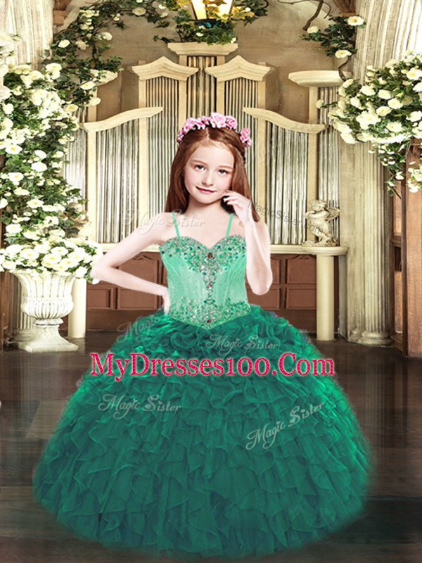 Floor Length Dark Green Little Girl Pageant Gowns Organza Sleeveless Beading and Ruffles