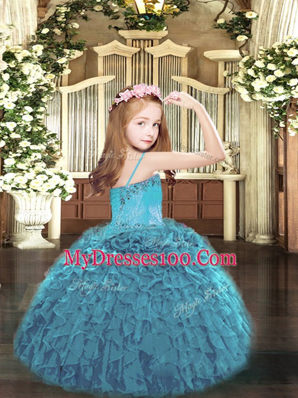 Floor Length Dark Green Little Girl Pageant Gowns Organza Sleeveless Beading and Ruffles