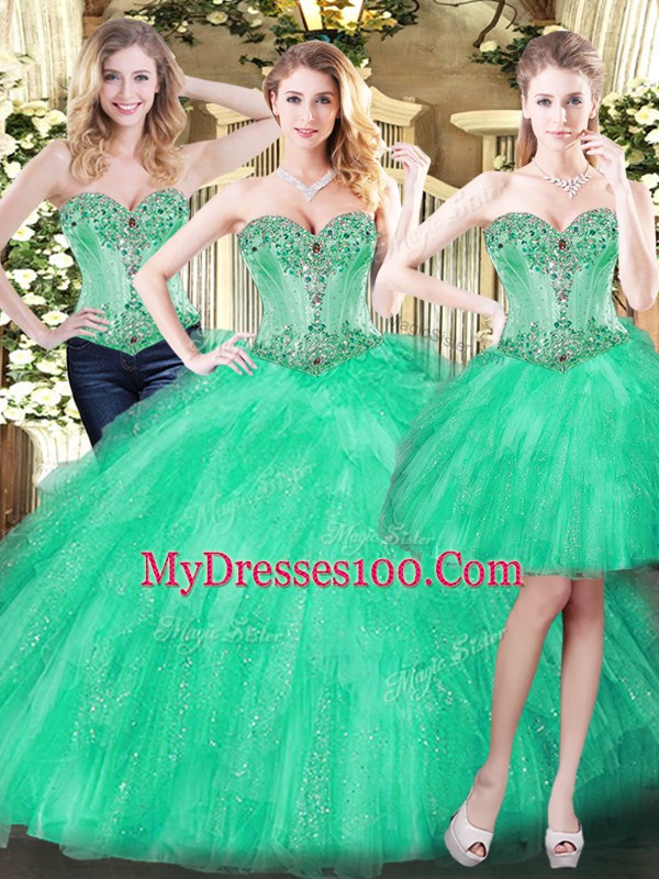 Elegant Green Three Pieces Sweetheart Sleeveless Organza Floor Length Lace Up Beading and Ruffles Quinceanera Gowns
