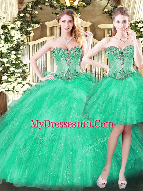 Elegant Green Three Pieces Sweetheart Sleeveless Organza Floor Length Lace Up Beading and Ruffles Quinceanera Gowns