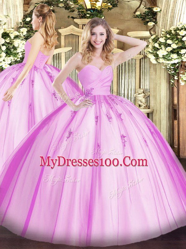 Top Selling Lilac Ball Gowns Beading and Appliques Quince Ball Gowns Lace Up Tulle Sleeveless Floor Length