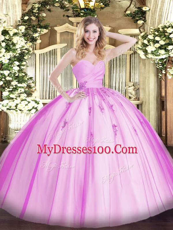 Top Selling Lilac Ball Gowns Beading and Appliques Quince Ball Gowns Lace Up Tulle Sleeveless Floor Length