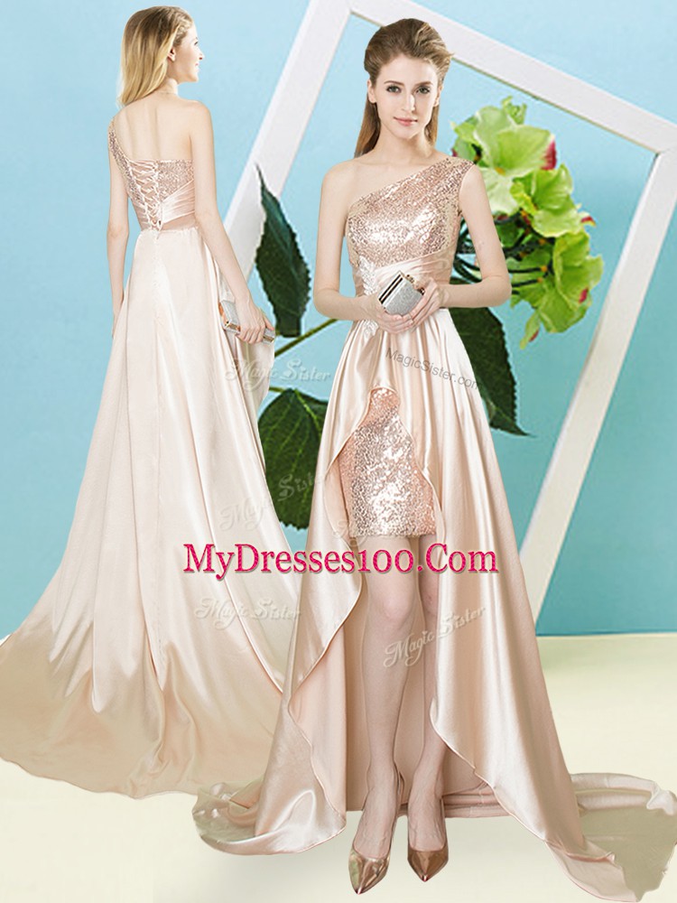 Glittering Champagne Lace Up Prom Evening Gown Sequins Sleeveless High Low
