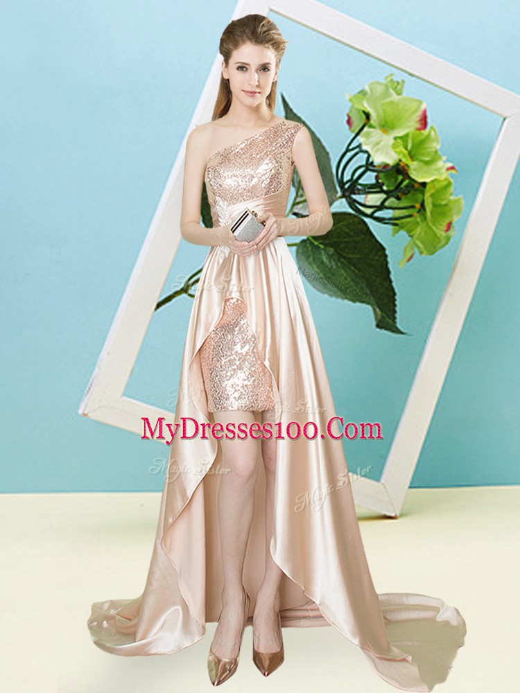 Glittering Champagne Lace Up Prom Evening Gown Sequins Sleeveless High Low