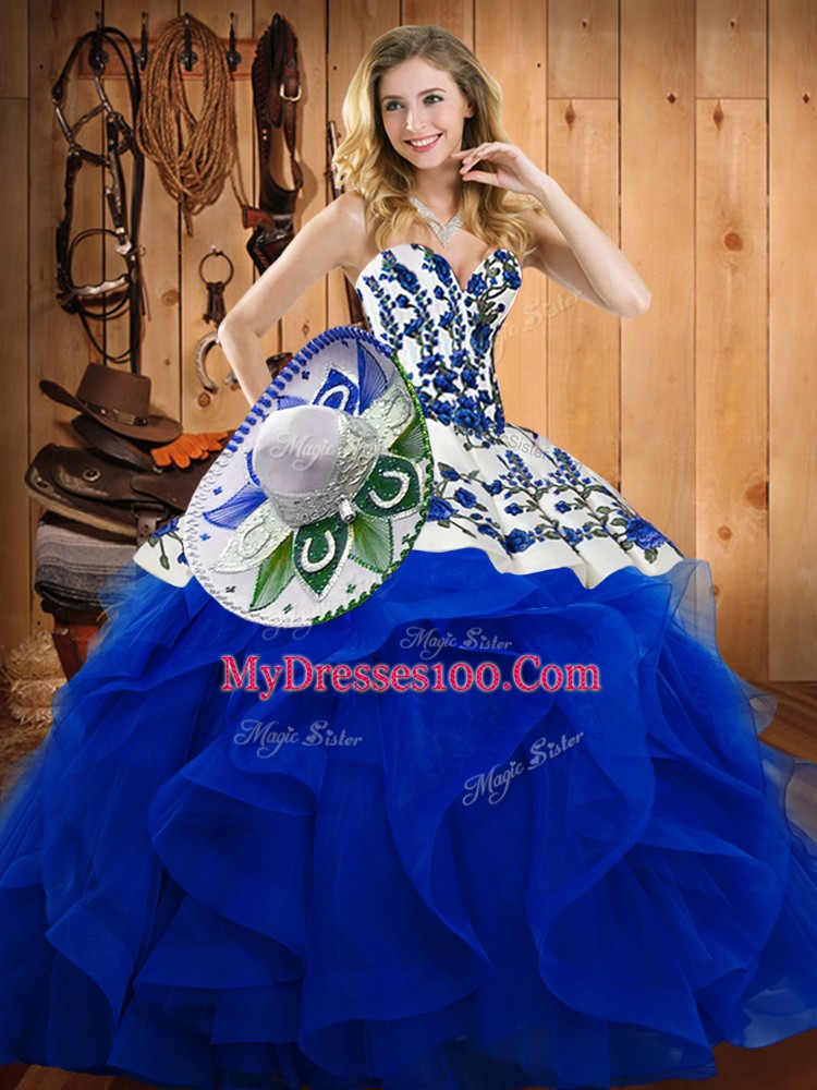 Superior Blue Satin and Organza Lace Up Sweetheart Sleeveless Floor Length Quinceanera Dress Embroidery and Ruffles