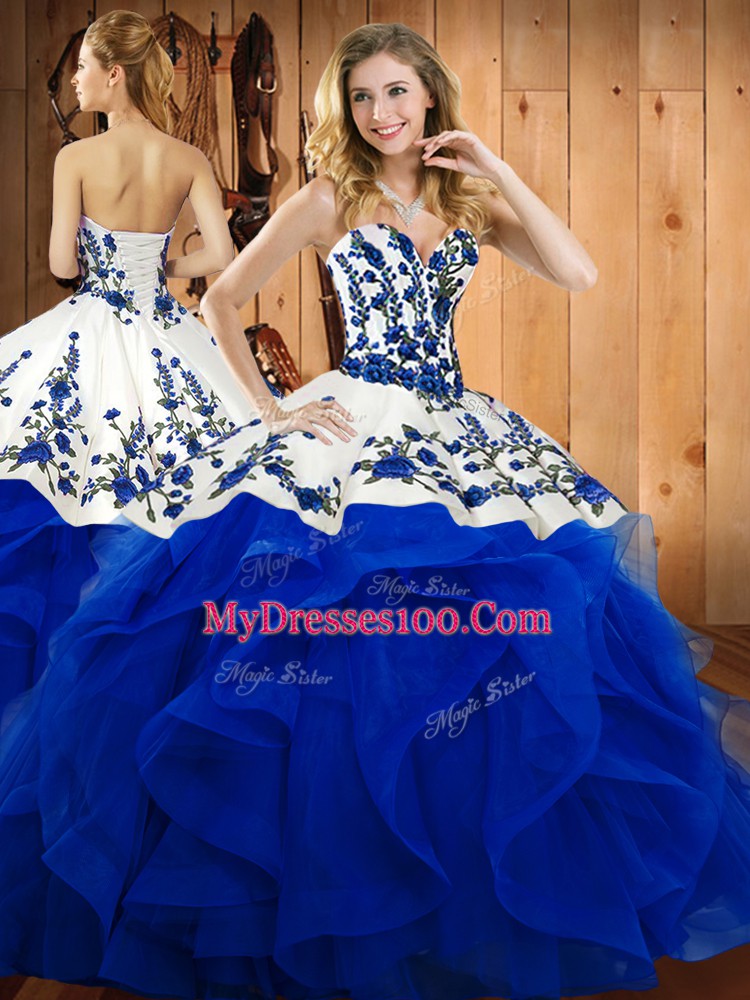 Superior Blue Satin and Organza Lace Up Sweetheart Sleeveless Floor Length Quinceanera Dress Embroidery and Ruffles