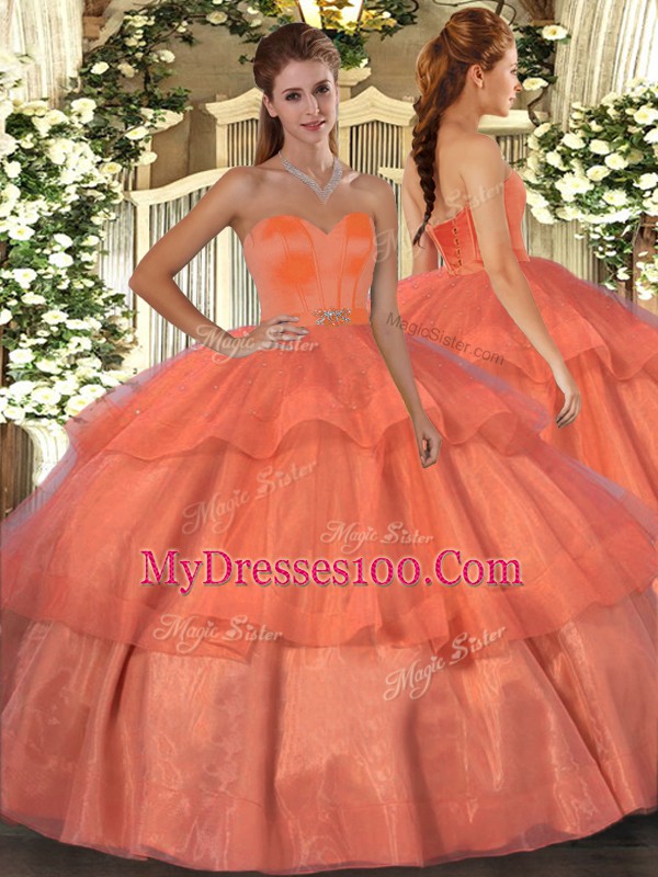 Noble Organza Sweetheart Sleeveless Lace Up Beading and Ruffled Layers Quinceanera Gown in Orange Red