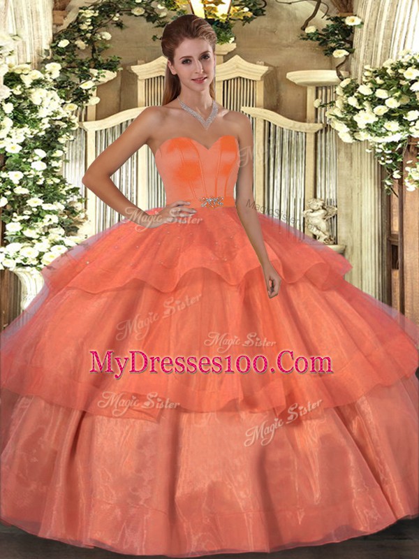 Noble Organza Sweetheart Sleeveless Lace Up Beading and Ruffled Layers Quinceanera Gown in Orange Red