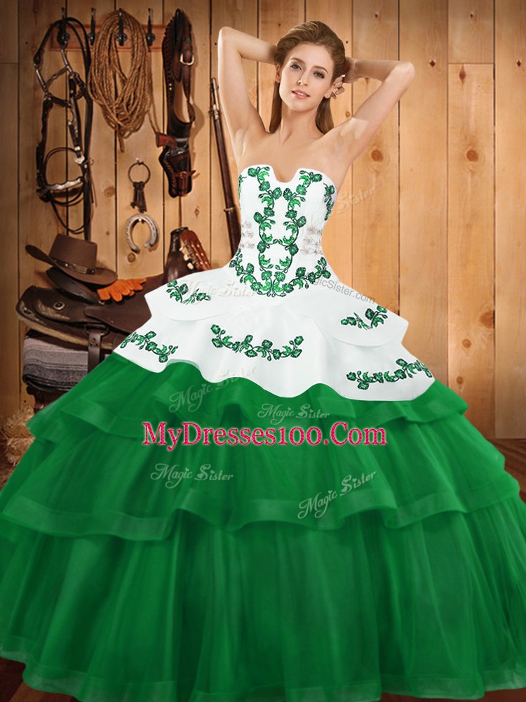 Fine Green 15 Quinceanera Dress Military Ball and Sweet 16 and Quinceanera with Embroidery and Ruffled Layers Strapless Sleeveless Sweep Train Lace Up