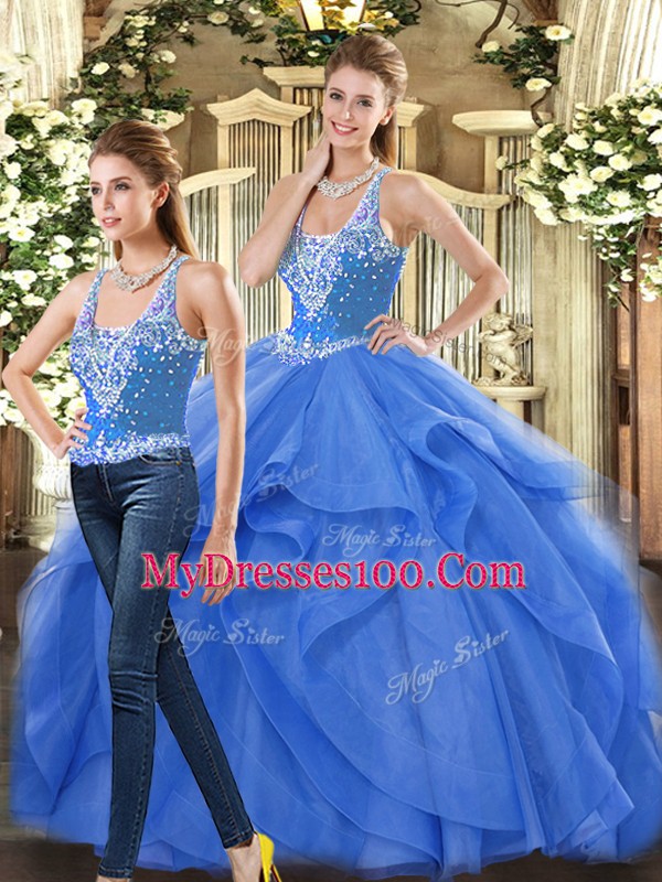 Customized Blue Tulle Lace Up Straps Sleeveless Floor Length Vestidos de Quinceanera Beading and Ruffles