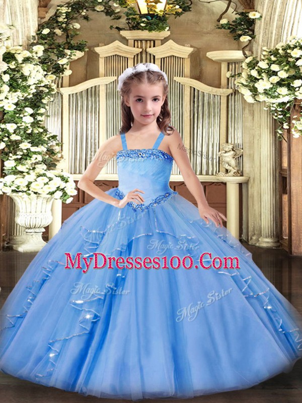 Stunning Baby Blue Lace Up Little Girl Pageant Gowns Appliques and Ruffles Sleeveless Floor Length