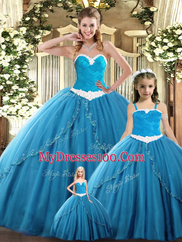 Teal Sleeveless Tulle Lace Up Sweet 16 Dresses for Military Ball and Sweet 16 and Quinceanera