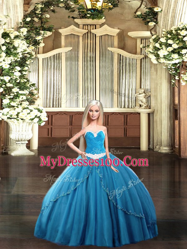 Teal Sleeveless Tulle Lace Up Sweet 16 Dresses for Military Ball and Sweet 16 and Quinceanera