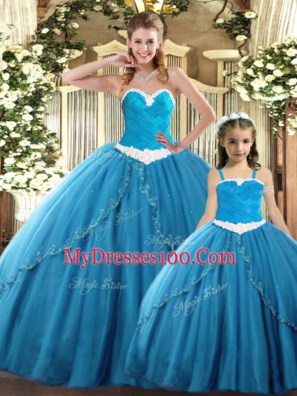 Teal Sleeveless Tulle Lace Up Sweet 16 Dresses for Military Ball and Sweet 16 and Quinceanera